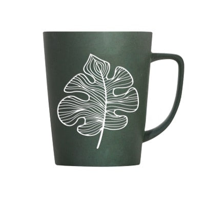 Leaf Pattern Ceramic Coffee Mug With Lid Spoon Large Capacity