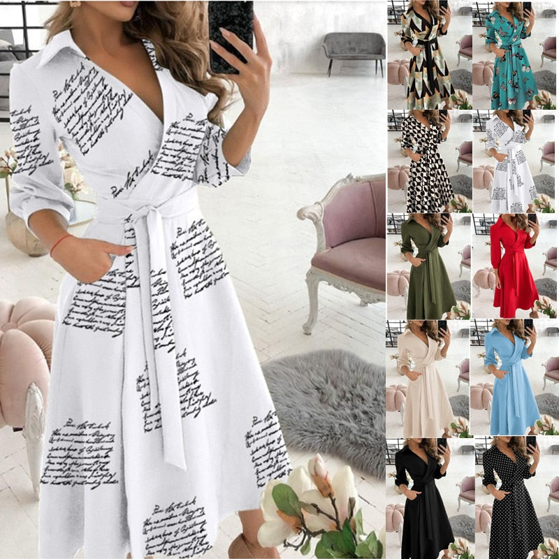 Lace Up Midi Dress Sleeve A-line Patchwork Dresses For Women Summer Lady V-neck Tunic