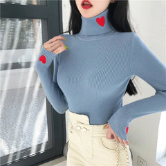 Women's Pullovers Heart Embroidery Turtleneck Sweater Tops