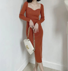 Stay Cozy and Stylish with Our Ribbed Square Neck Knitted Dress - Perfect for Streetwear