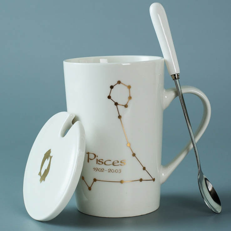 Ceramic Mugs Constellations Creative Glass with Spoon Lid Black and Gold Porcelain