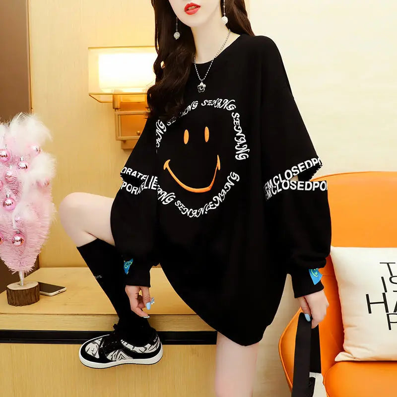 Autumn New Smile Letter Print Loose Long Sleeved oversized Sweatshirt Fall Clothes