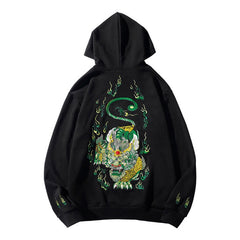 Streetwear Male Emerald Tiger Embroidery Luxury Loose Hoodies