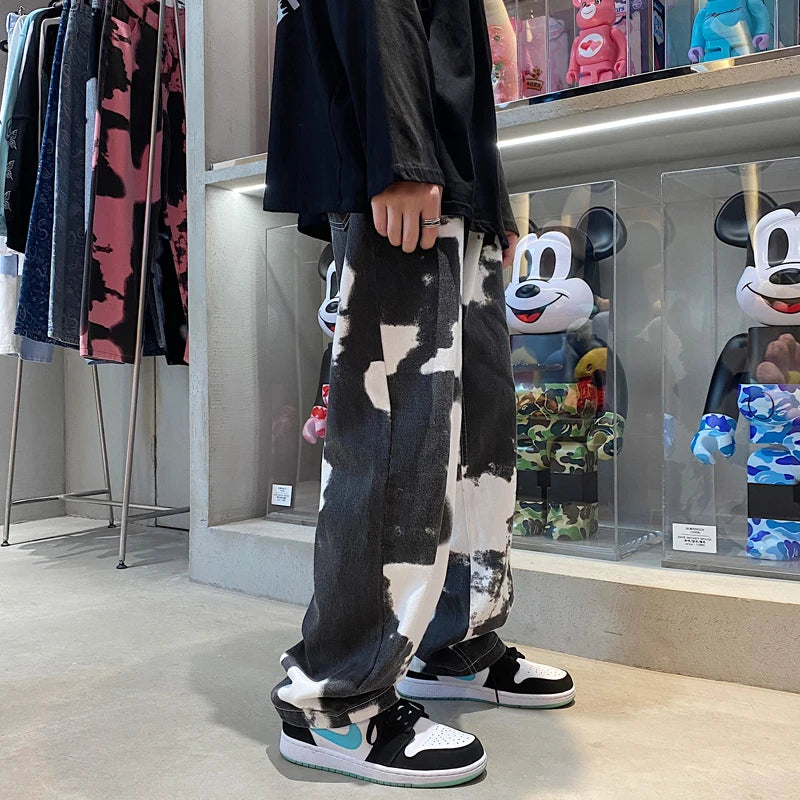 Men Wide Leg Tie Dye Oversized Streetwear Denim Pants