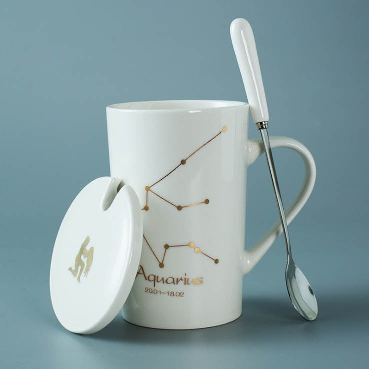 Ceramic Mugs Constellations Creative Glass with Spoon Lid Black and Gold Porcelain
