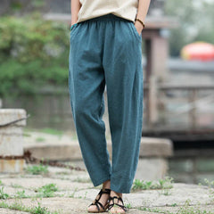 Women's Spring Vintage-inspired Cotton Linen Solid Color Elastic Waistband Pencil Pants