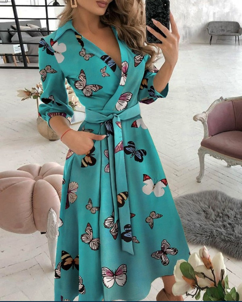 Lace Up Midi Dress Sleeve A-line Patchwork Dresses For Women Summer Lady V-neck Tunic