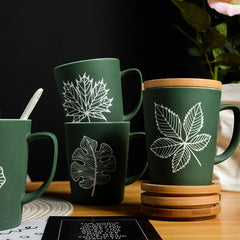 Leaf Pattern Ceramic Coffee Mug With Lid Spoon Large Capacity
