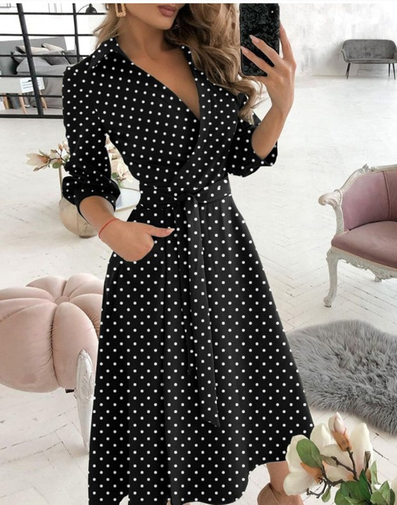 Lace Up Midi Dress Sleeve A-line Patchwork Dresses For Women Summer Lady V-neck Tunic