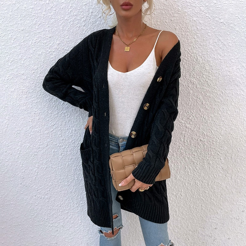MAYCAUR Cardigan Sweater Autumn and Winter New Long Coat Twisted Rope Knitted