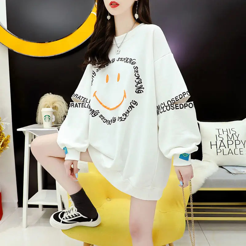 Autumn New Smile Letter Print Loose Long Sleeved oversized Sweatshirt Fall Clothes