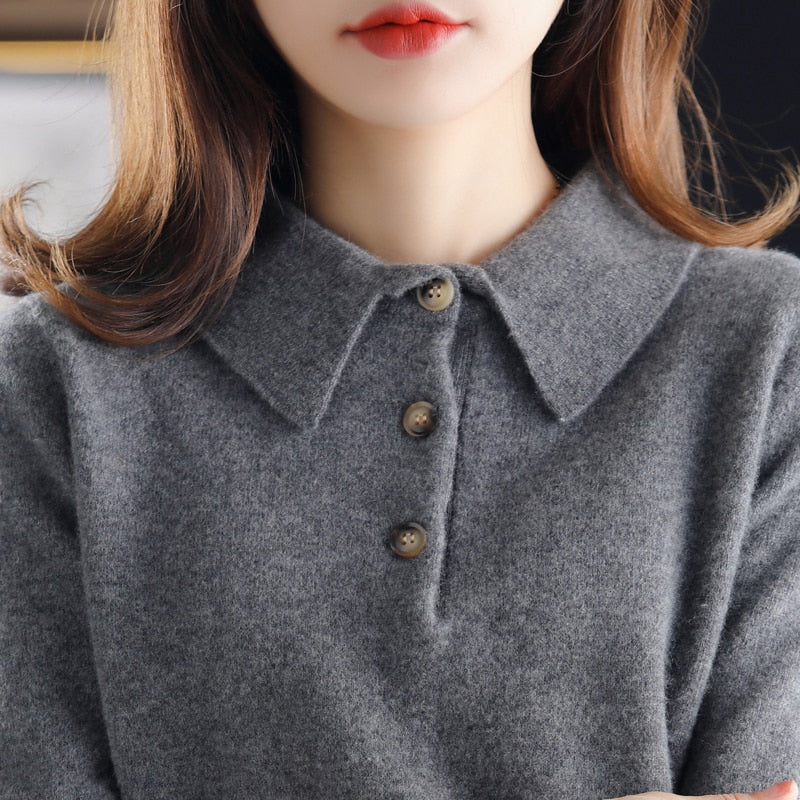 Cashmere Sweater  Knitted Pullover Fall Winter Lapel Base Shirt Pure Wool  Women Loose Top