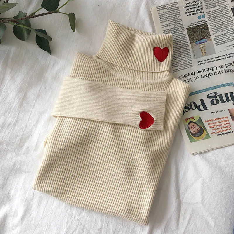 Women's Pullovers Heart Embroidery Turtleneck Sweater Tops