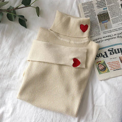 Women's Pullovers Heart Embroidery Turtleneck Sweater Tops