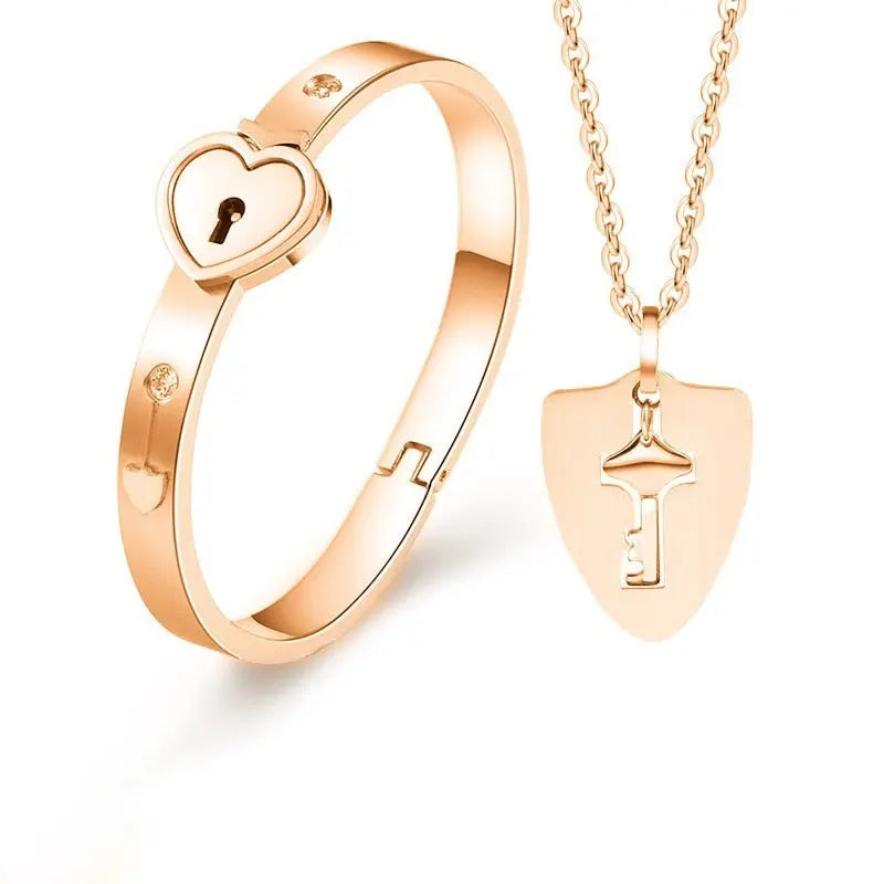 Heart Love Lock Bracelet With Key and Necklace