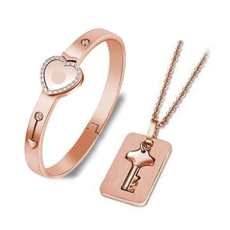 Heart Love Lock Bracelet With Key and Necklace
