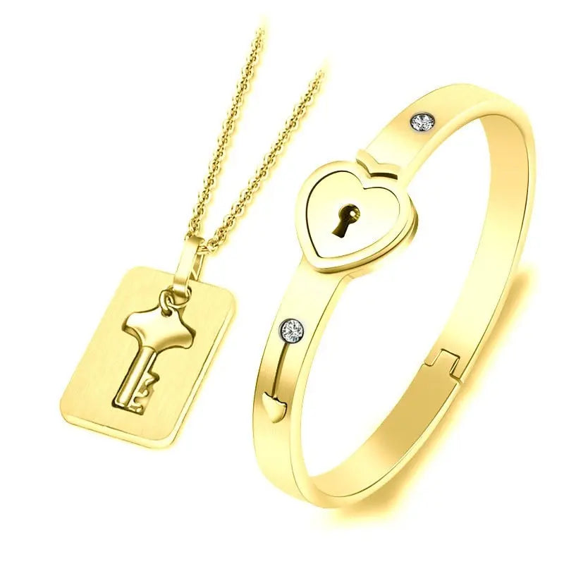 Heart Love Lock Bracelet With Key and Necklace
