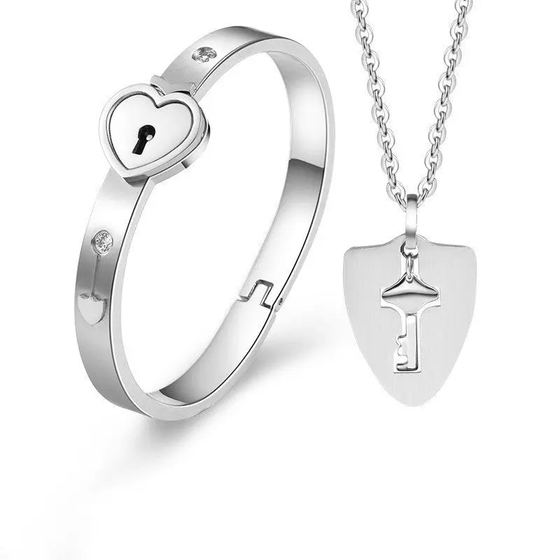 Heart Love Lock Bracelet With Key and Necklace