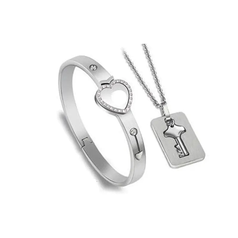 Heart Love Lock Bracelet With Key and Necklace