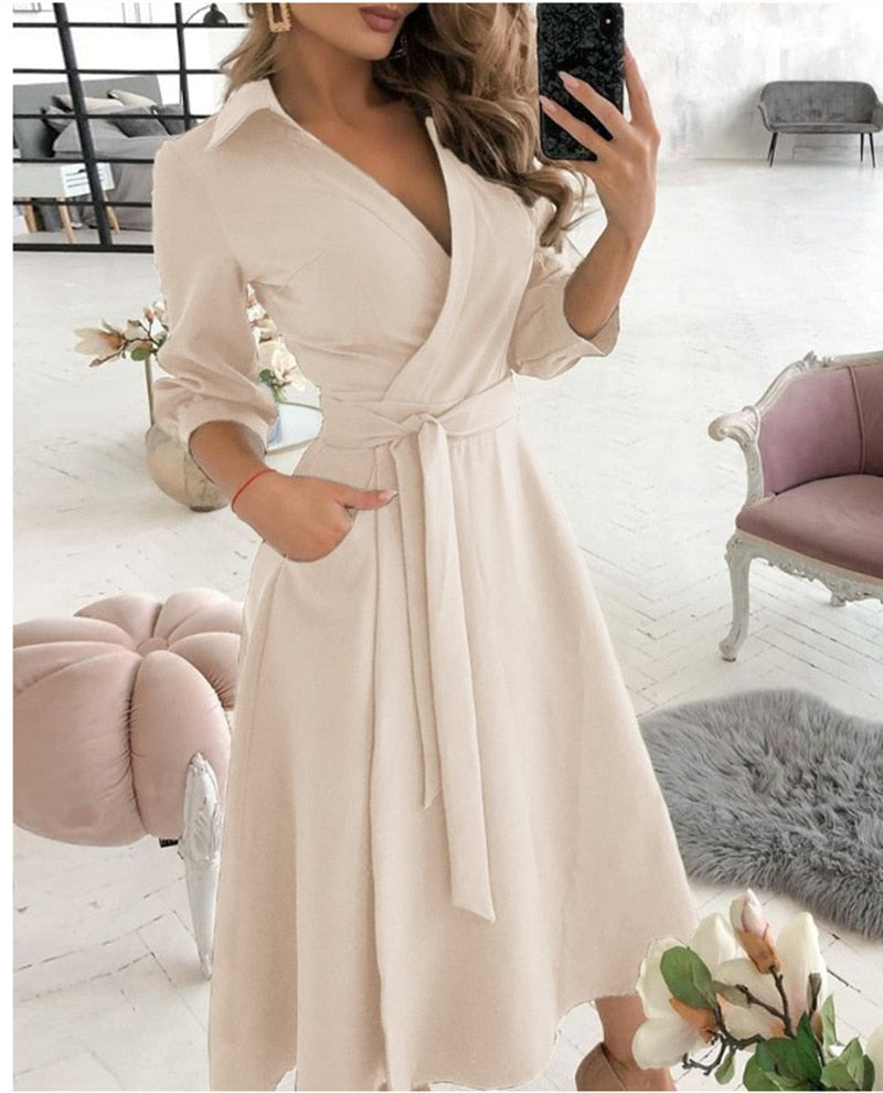 Lace Up Midi Dress Sleeve A-line Patchwork Dresses For Women Summer Lady V-neck Tunic