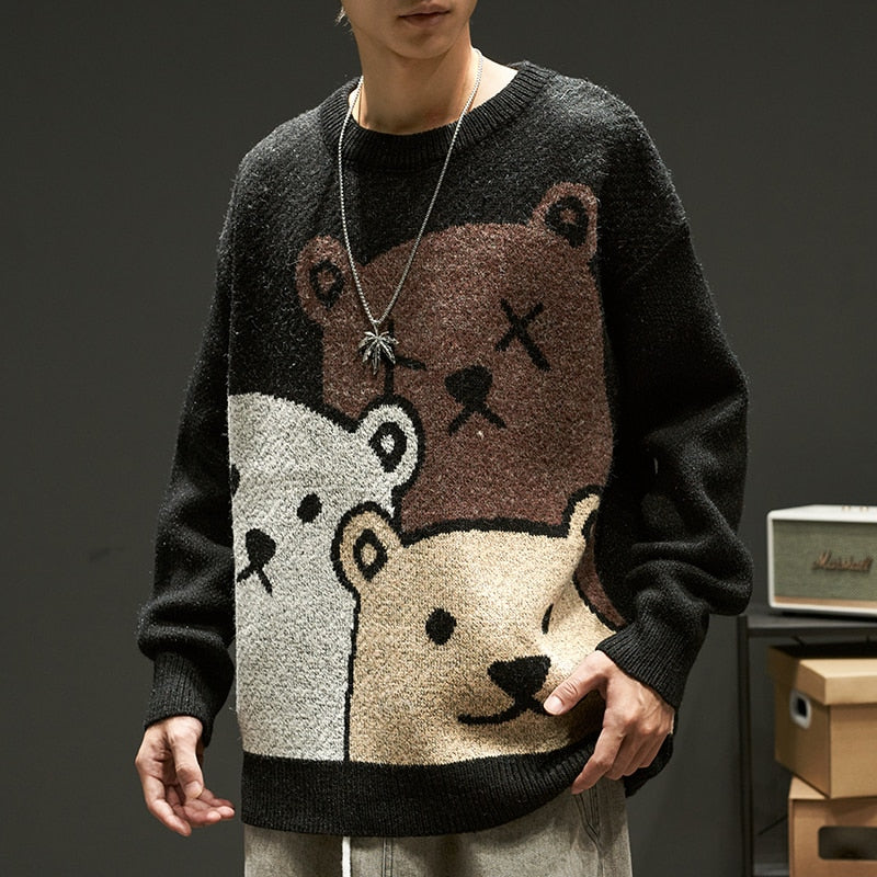 Men Winter Cartoon Bear Sweater Cozy Knitted Pullover with Long Sleeves