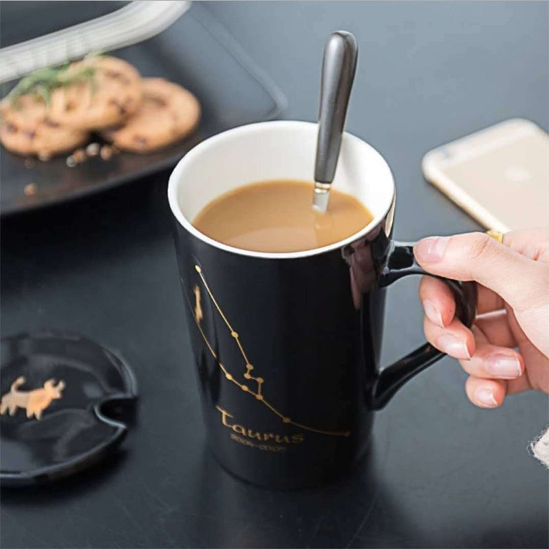 Ceramic Mugs Constellations Creative Glass with Spoon Lid Black and Gold Porcelain