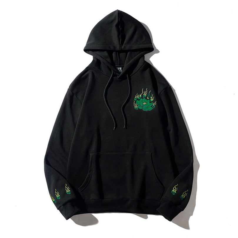 Streetwear Male Emerald Tiger Embroidery Luxury Loose Hoodies