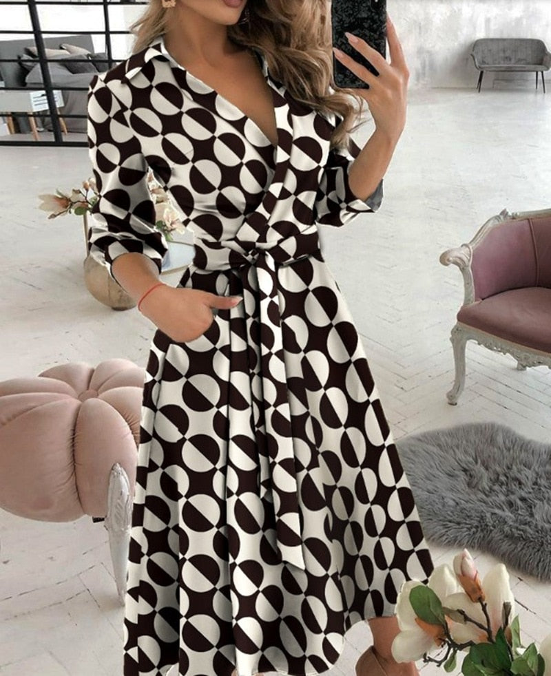 Lace Up Midi Dress Sleeve A-line Patchwork Dresses For Women Summer Lady V-neck Tunic