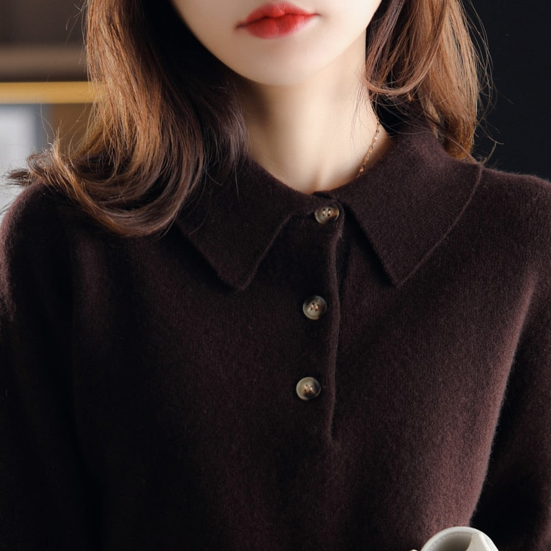 Cashmere Sweater  Knitted Pullover Fall Winter Lapel Base Shirt Pure Wool  Women Loose Top