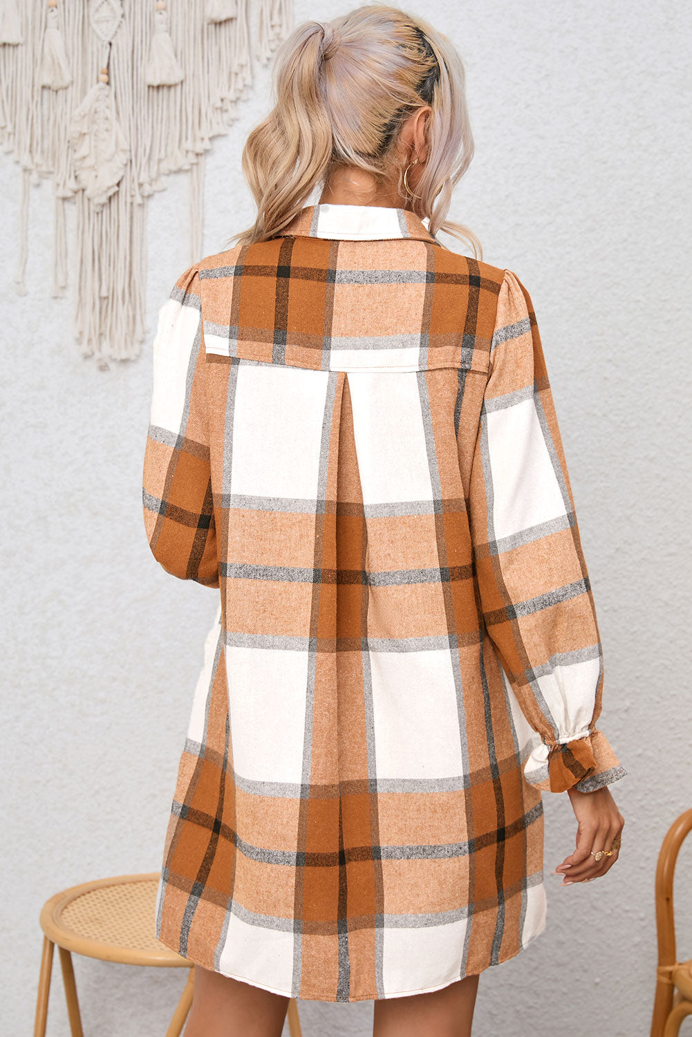 Khaki Plaid Pattern Collared Neck Ruffled Sleeve Shirt Casual Dress