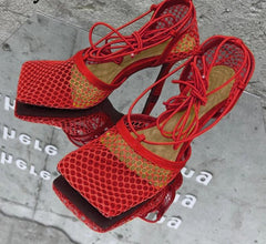 Lace Up Mesh High Heels