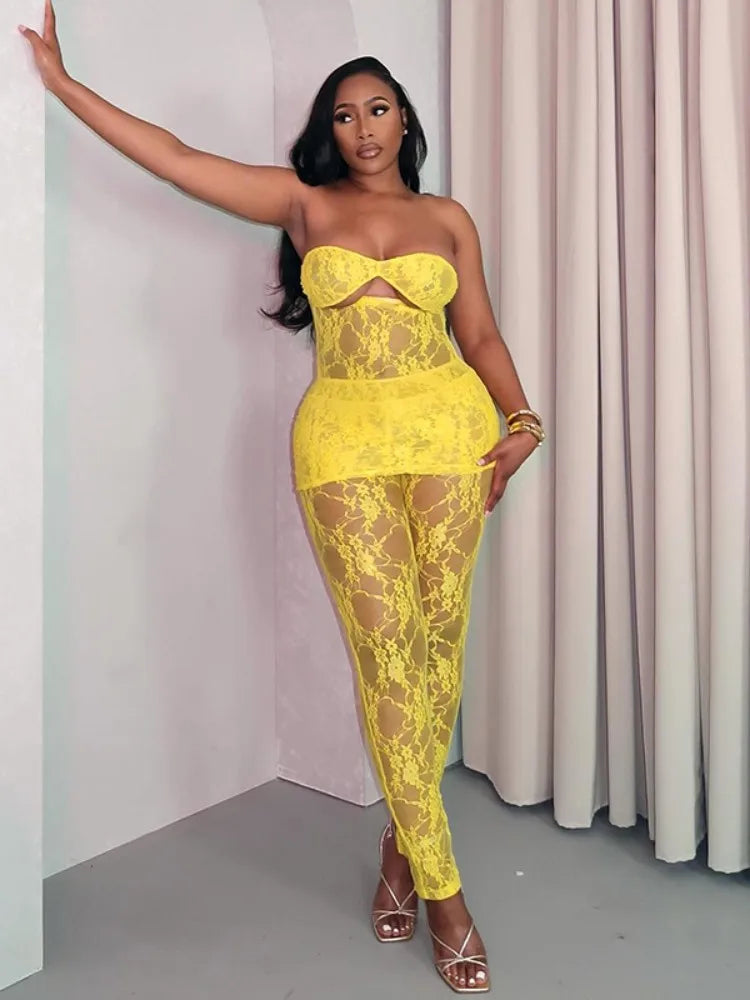 Lacey Yellow Mesh Pants Set
