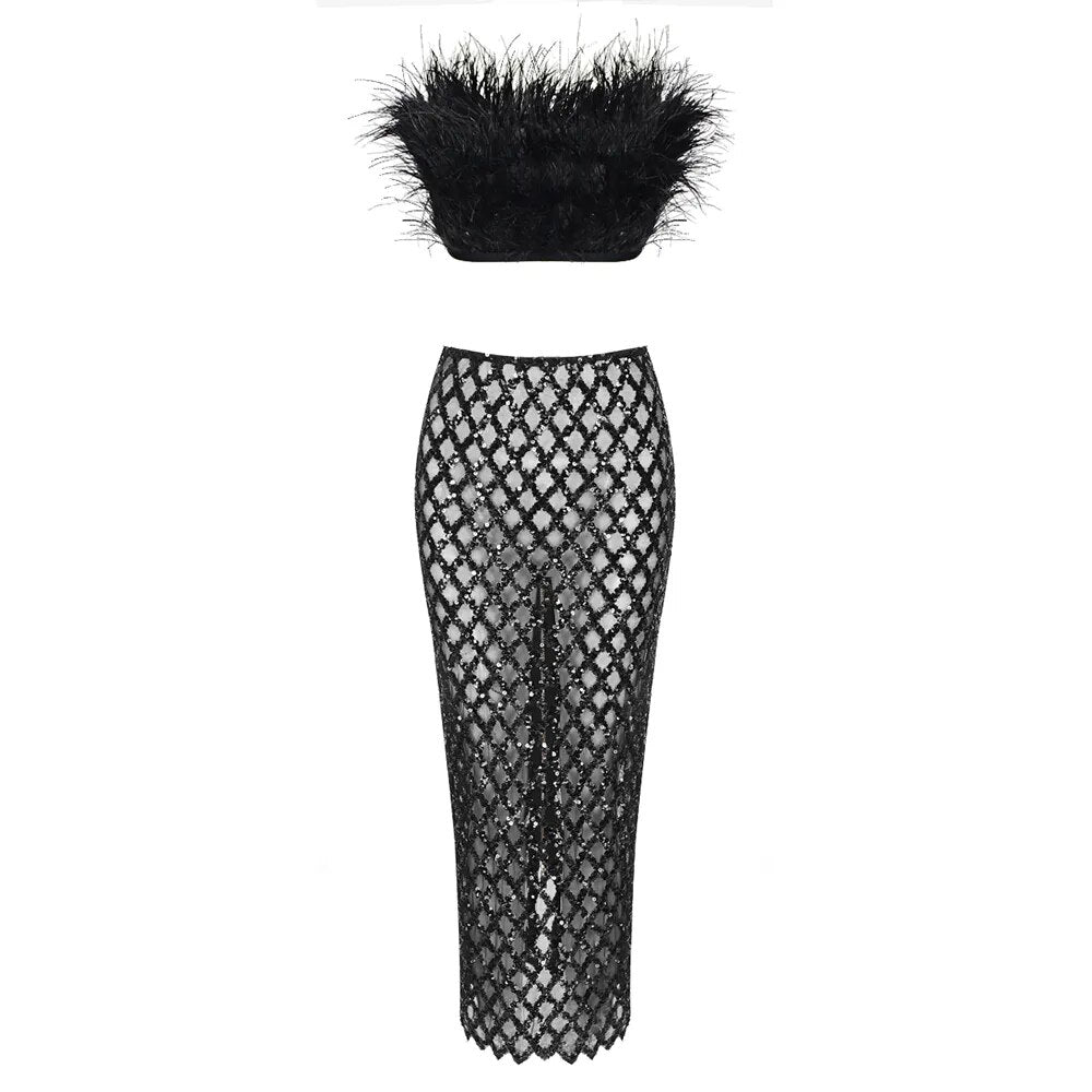 Leana Feather Bandage Skirt Set