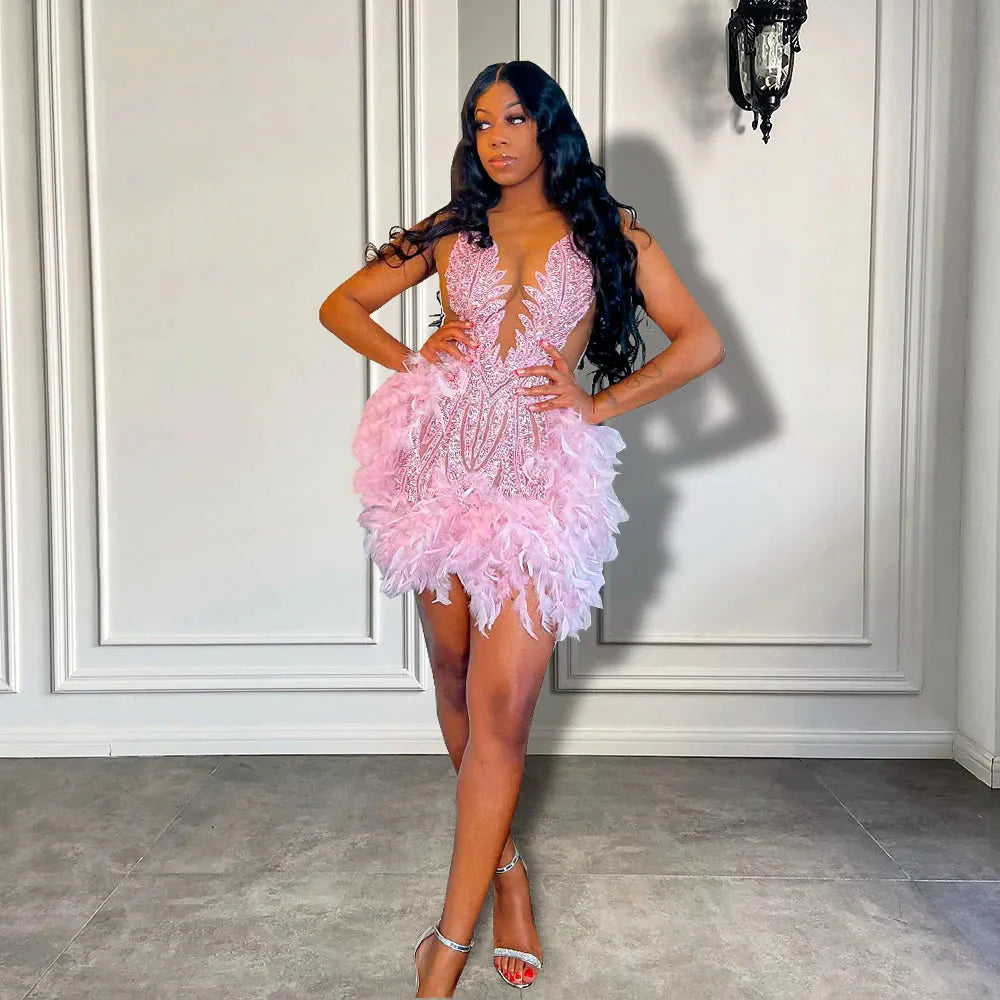 Luxury Sheer Cocktail Feather Dress