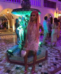 Luxury Sheer Crystal Feather Mini Dress