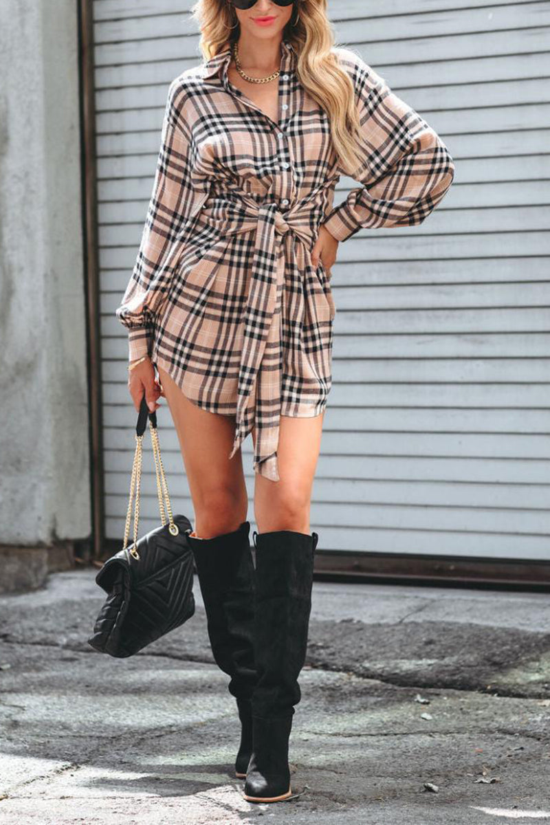 Plaid Tie Front Mini Shirt Dress