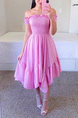 Shirred Bodice Off Shoulder Flap Asymmetric Dress