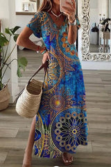 Ambilight Print V Neck Slit Maxi Dress