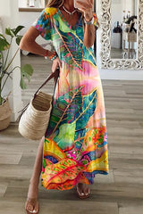 Ambilight Print V Neck Slit Maxi Dress