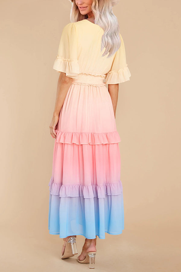 Ombre Sunset Ruffles Maxi Dress