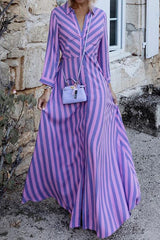 Stripe Long Sleeve Button Maxi Shirt Dress