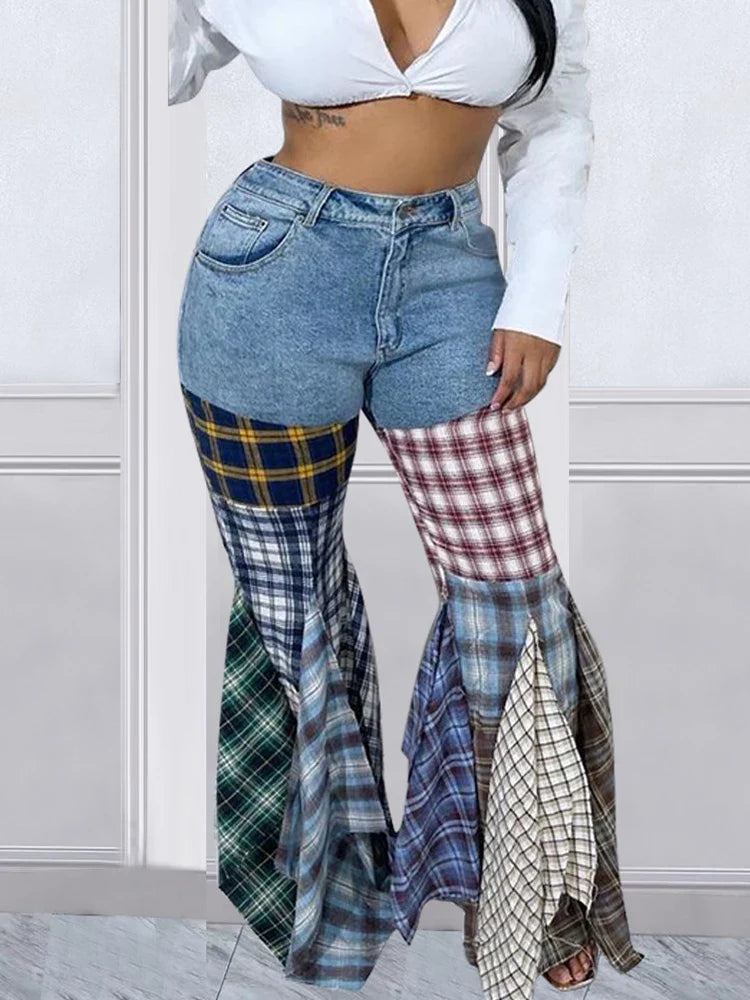 Patricia Plaid Bell Bottom Jeans
