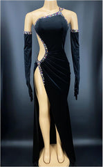 Rhinestone Black Velvet Dress