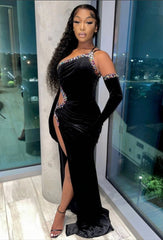 Rhinestone Black Velvet Dress