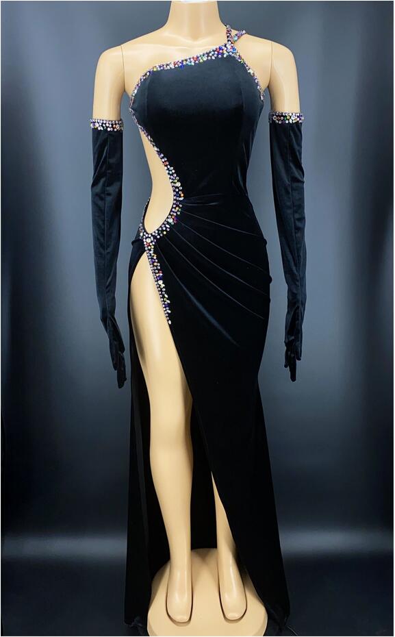 Rhinestone Black Velvet Dress