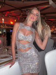 Rhinestone Cutout Bodycon Mini Dresses