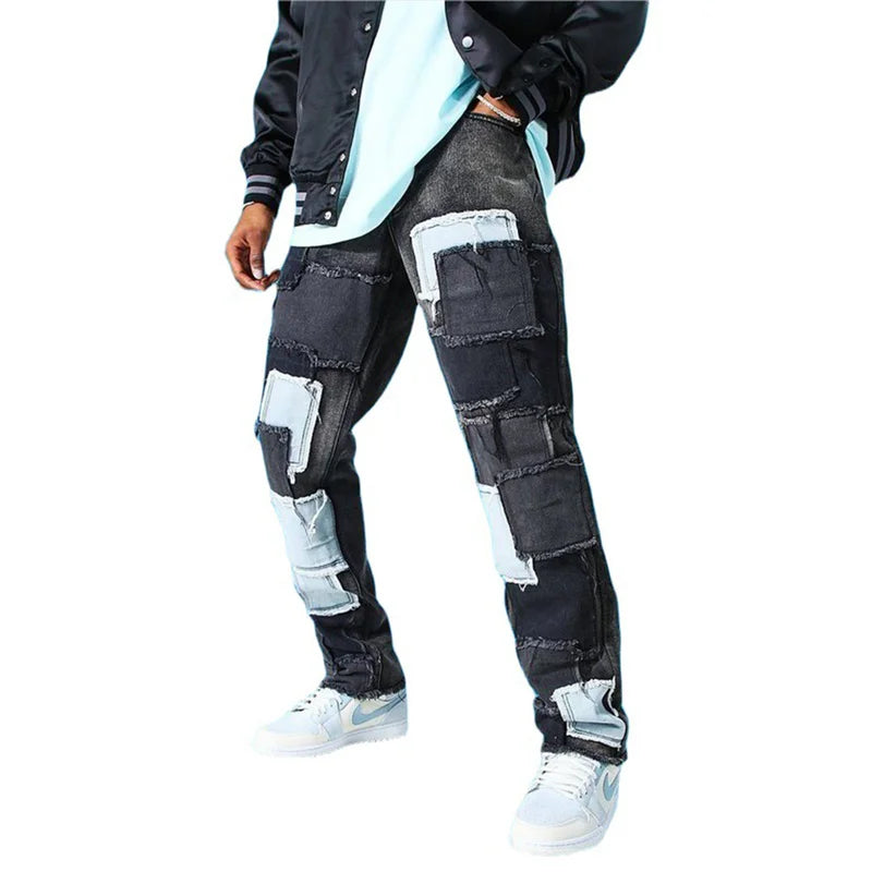Sport Fashion Trendy Color Contrast Patchwork Jeans Men
