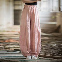 Linen Cargo Pants Vintage Elastic Waist Yoga Trousers Loose Casual Long Wide Leg Oversize