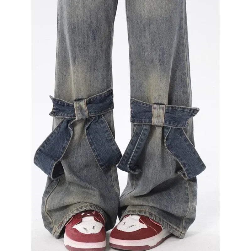 Y2k Vintage Flare Jeans Women Bow Patchwork Korean Streetwear Baddies Denim