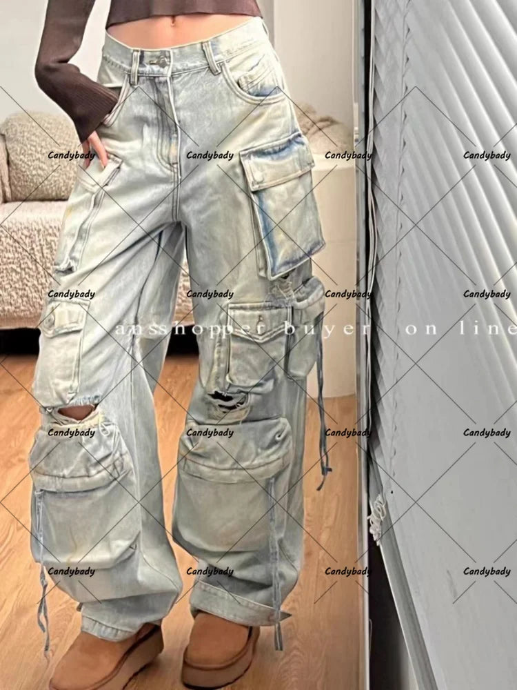 Y2K Plus-Size Tooling Jeans American Trend Multi-Pocket Straight and Loose Fit